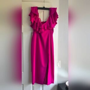 JAYGODFREY Vibrant Pink Ruffle Midi Dress